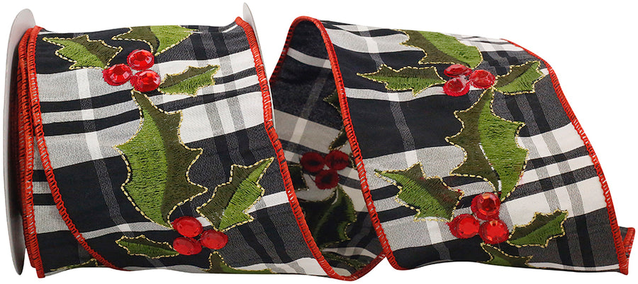 Plaid Wired Edge Ribbon Black White 4 Inch for Wreaths