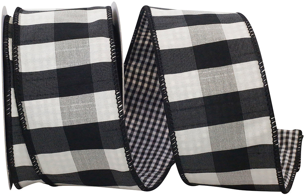 Black 2-1 2 Inch Check 2-Sided Dupioni Deluxe Wired Edge Ribbon for Wreaths & Bows