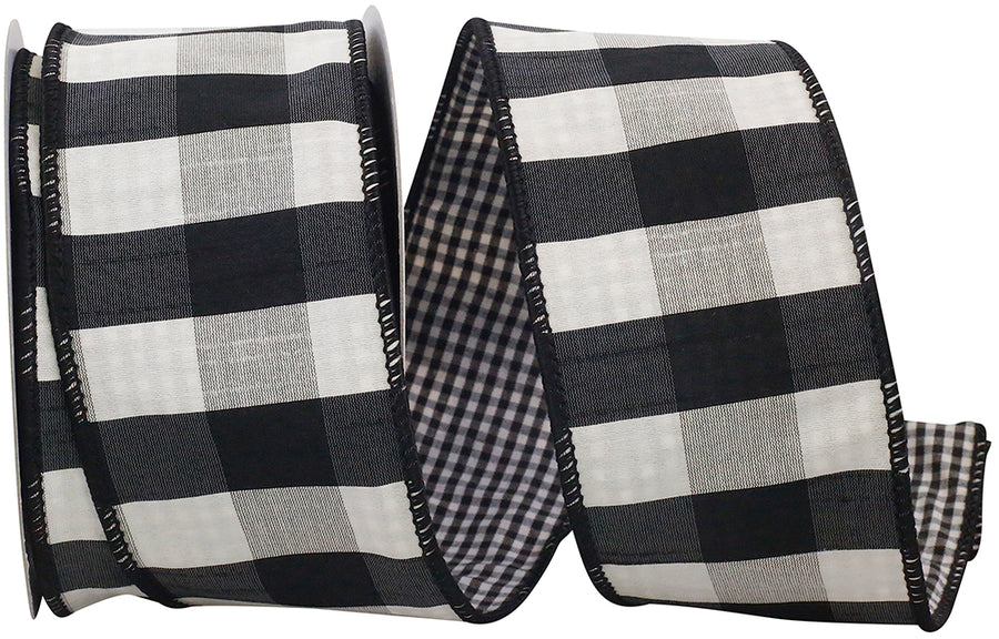 Black 2-1 2 Inch Check 2-Sided Dupioni Deluxe Wired Edge Ribbon for Wreaths & Bows