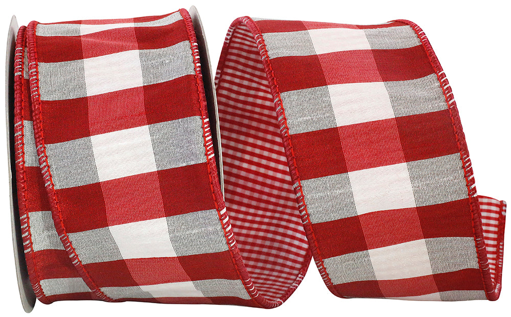 Red 2-1 2 Inch Check 2-Sided Dupioni Deluxe Wired Edge Ribbon for Wreaths & Bows