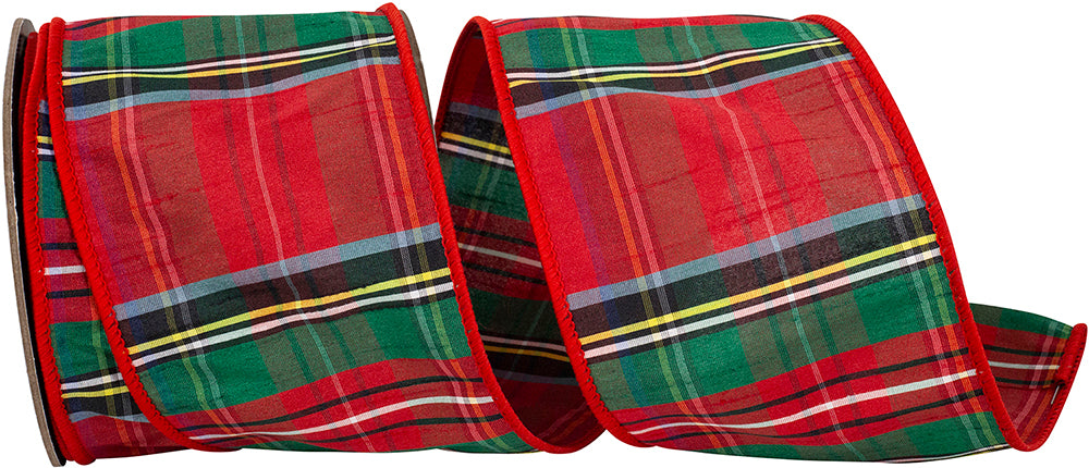 Red Plaid Wired Edge Ribbon 4 Inch 100% Polyester