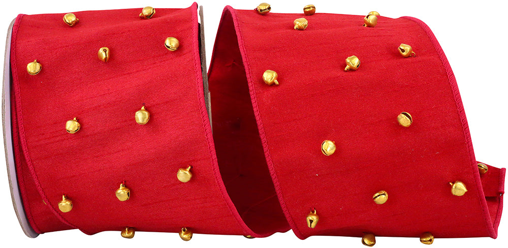 Red 4 Inch Bells Dupioni Wired Edge Ribbon for Wreaths & Bows