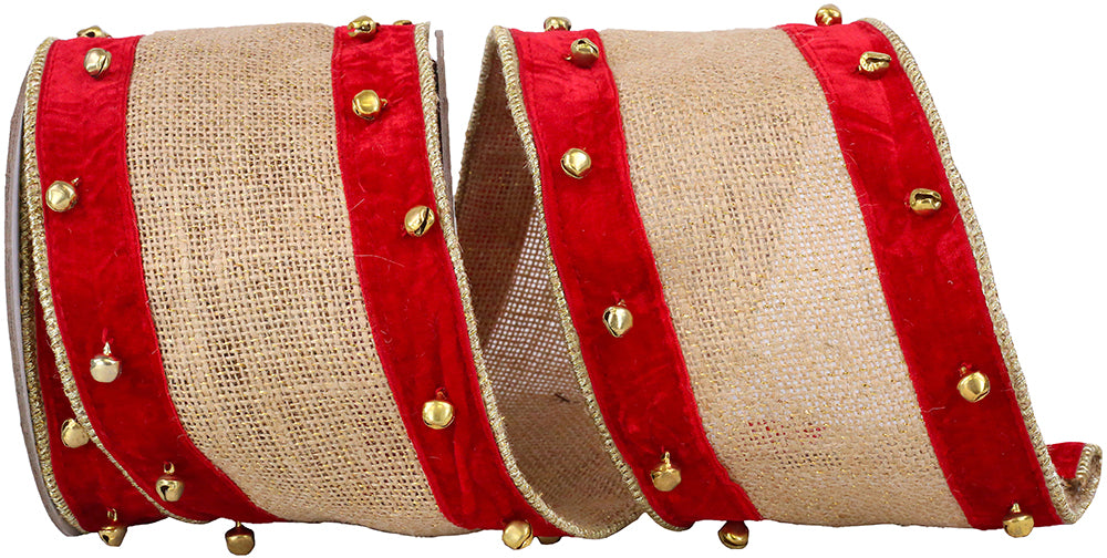 4 Inch Natural Red Velvet Burlap Ribbon with Bells
