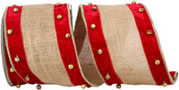 4 Inch Natural Red Velvet Burlap Ribbon with Bells