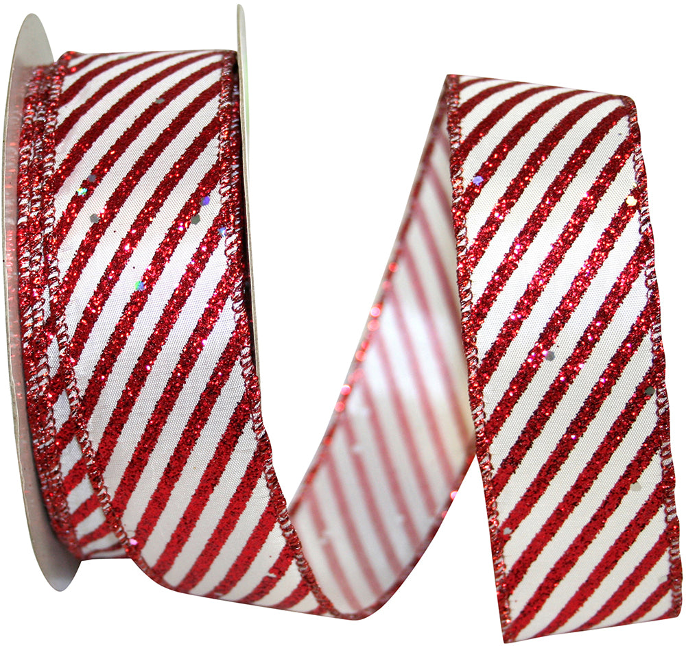 Candy Cane Glitter Ribbon Red White 1-1/2 Inch Wired Edge