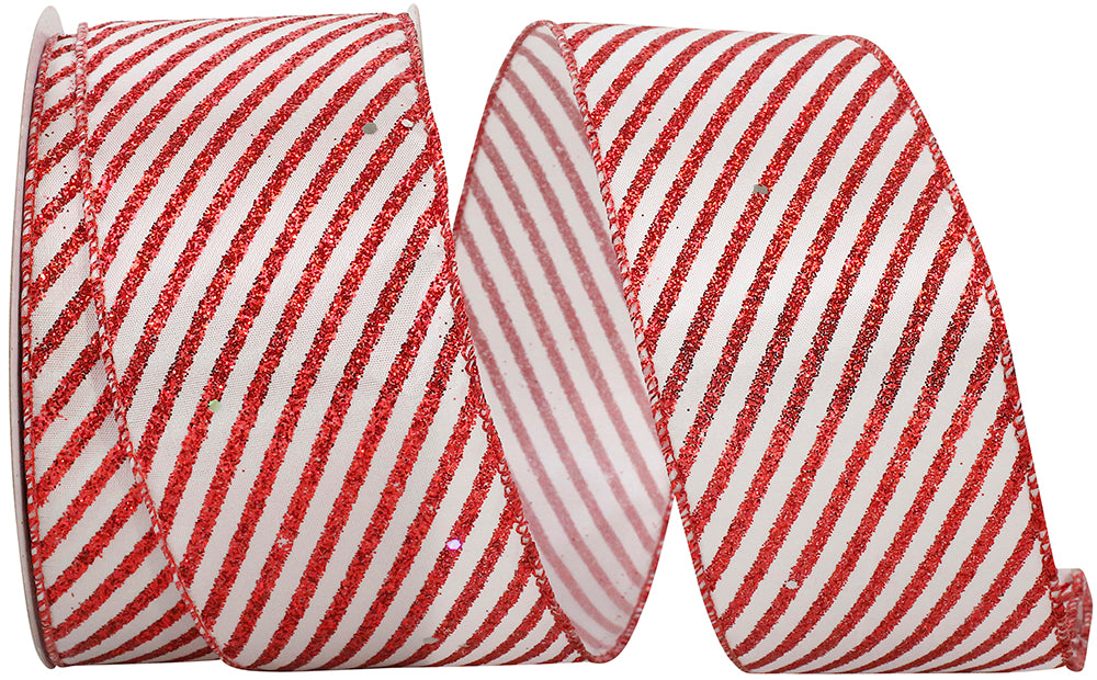 Candy Cane Glitter Wired Edge Ribbon Red White 2-1/2 Inch