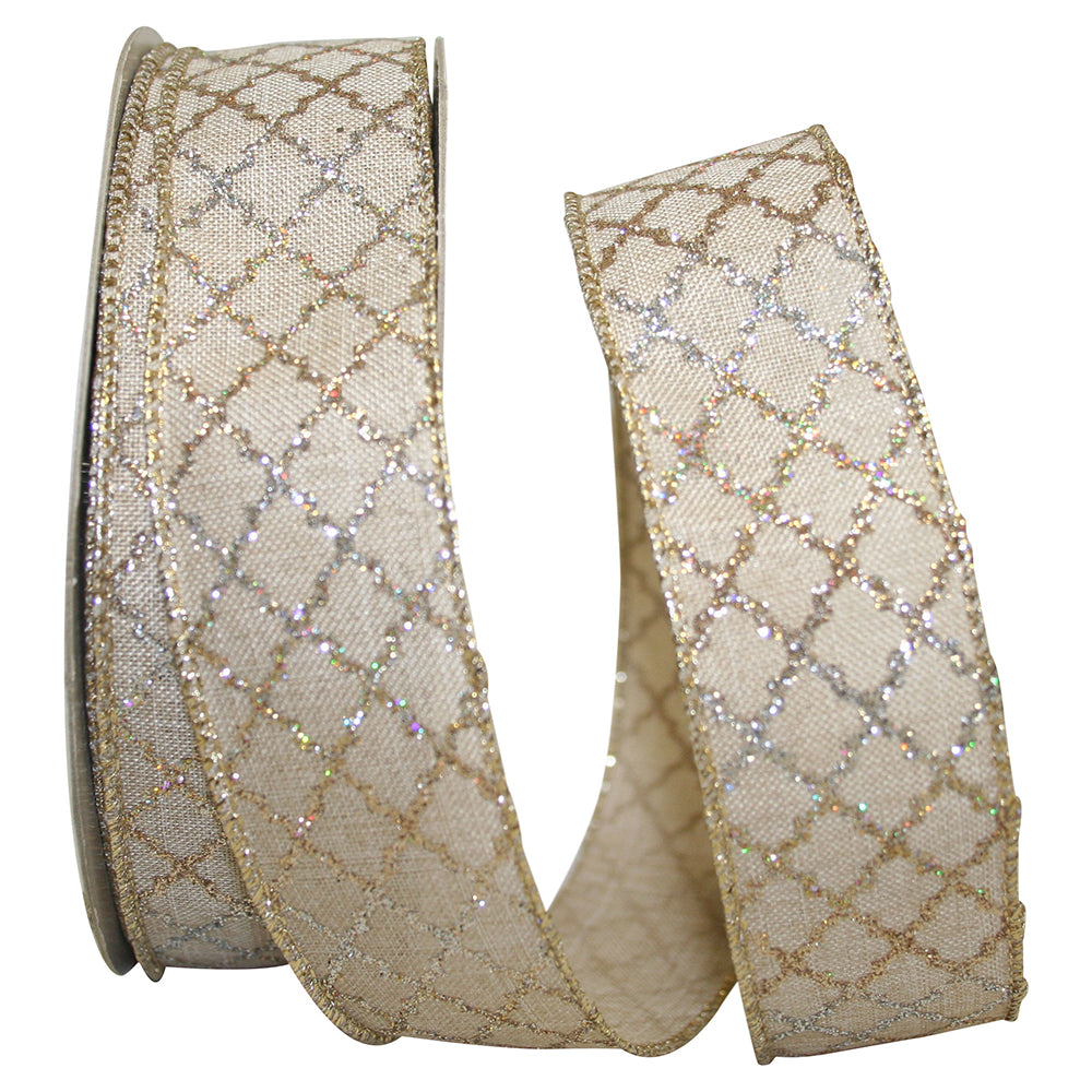 Gold Silver 1-1 2 Inch Lattice Duo Linen Wired Edge Ribbon for Wreaths & Bows