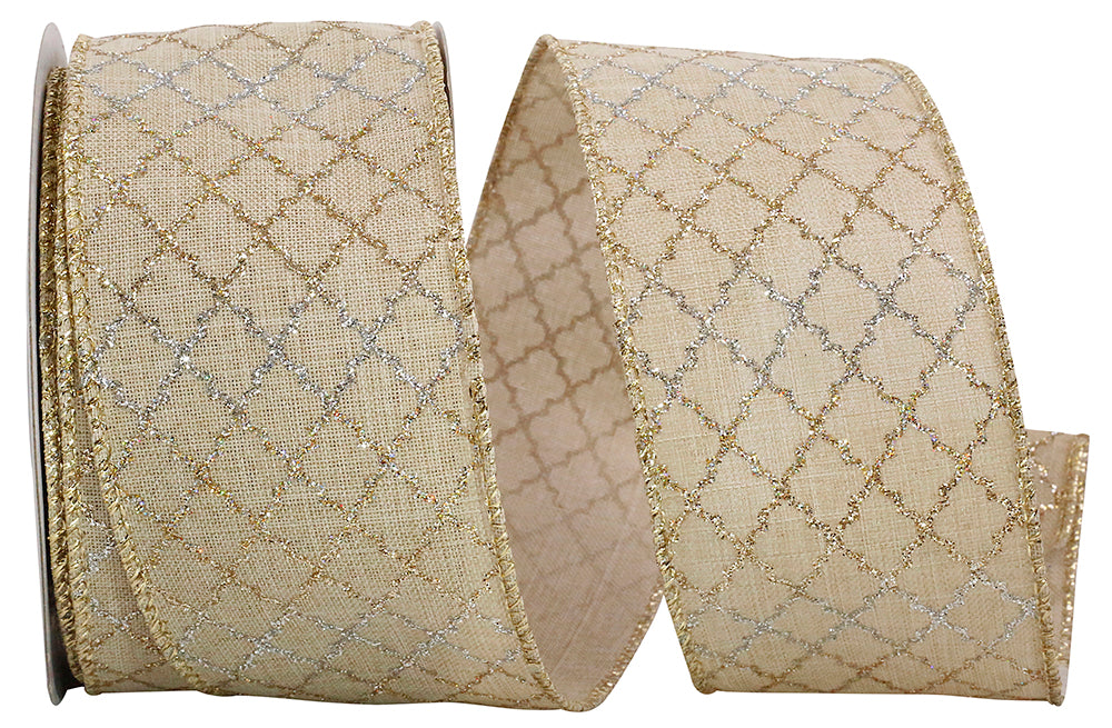 Gold Silver 2-1 2 Inch Lattice Duo Linen Wired Edge Ribbon for Wreaths & Bows