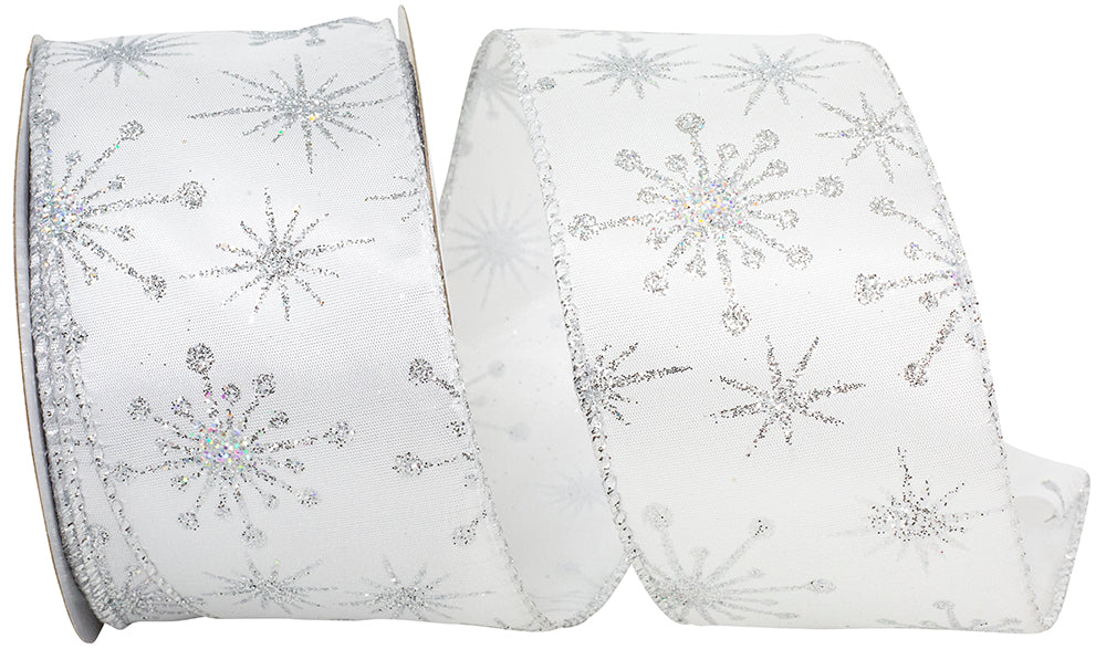 Star Burst Glitter Wired Edge Ribbon White Silver 2-1/2 Inch