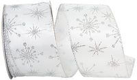 Star Burst Glitter Wired Edge Ribbon White Silver 2-1/2 Inch
