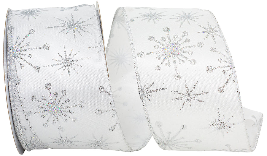 Star Burst Glitter Wired Edge Ribbon White Silver 2-1/2 Inch