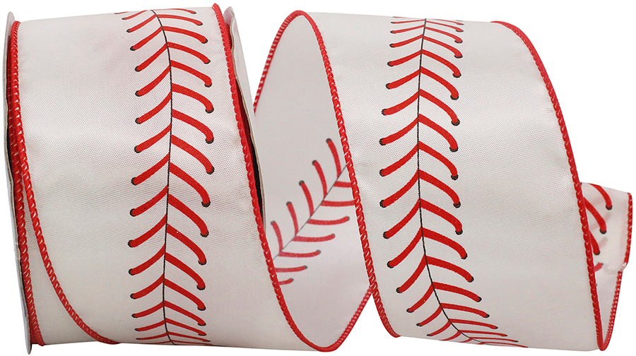 White 2-1 2 Inch Baseball Stitch Wired Edge Ribbon Rd for Wreaths & Bows