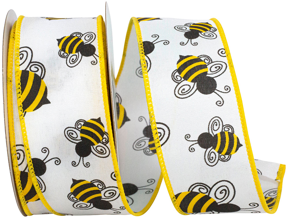 White 1-1 2 Inch Bumble Bees Buzzing Wired Edge Ribbon Rd for Wreaths & Bows