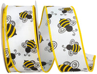 White 1-1 2 Inch Bumble Bees Buzzing Wired Edge Ribbon Rd for Wreaths & Bows