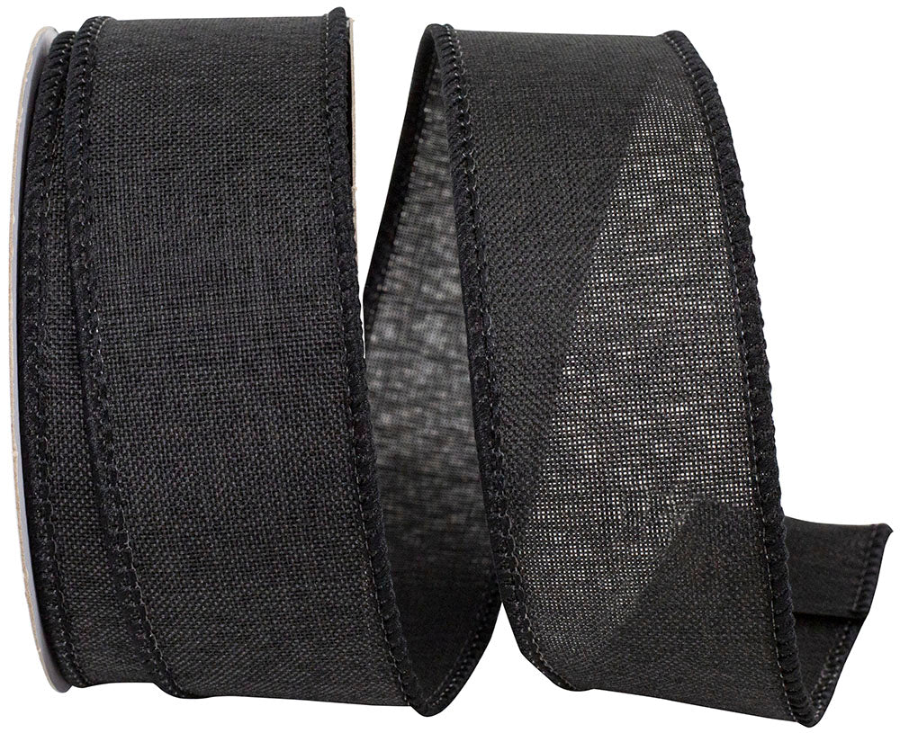 Black 1-1 2 Inch Linen Wired Edge Ribbon for Wreaths & Bows
