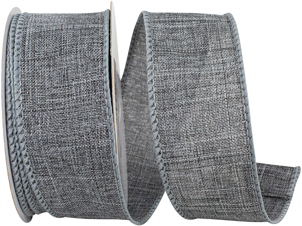 Grey 1-1 2 Inch Linen Wired Edge Ribbon for Wreaths & Bows