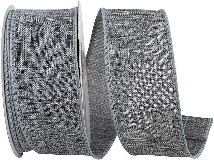 Grey 1-1 2 Inch Linen Wired Edge Ribbon for Wreaths & Bows