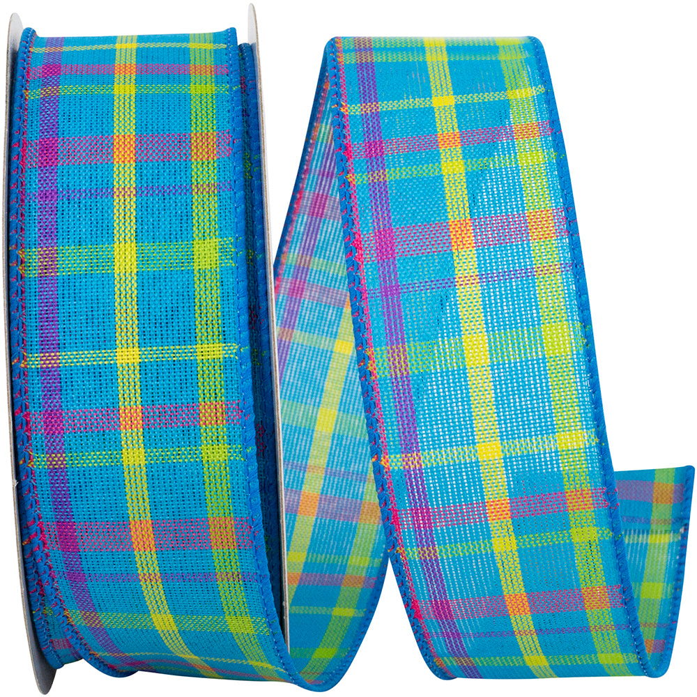 Breezeway Plaid Wired Edge Ribbon Blue 1-1/2 Inch