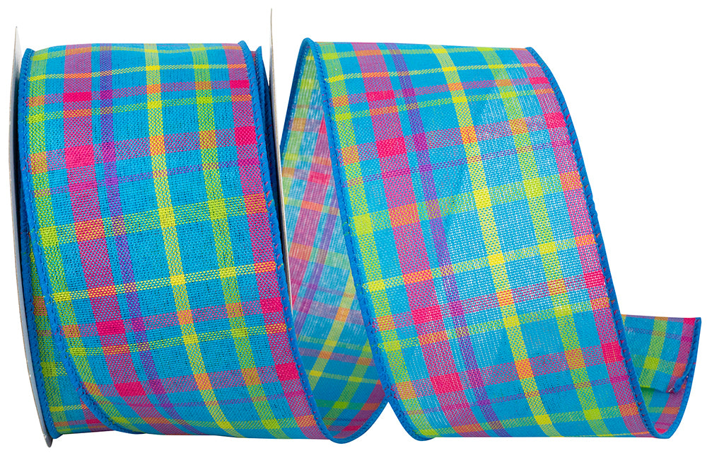 Breezeway Plaid Wired Edge Ribbon Blue 2-1/2 Inch
