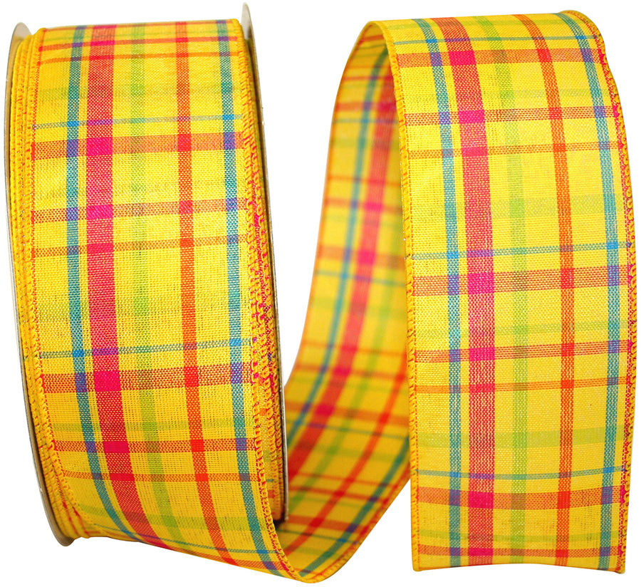 Breezeway Plaid Wired Edge Ribbon Yellow 2-1/2 Inch