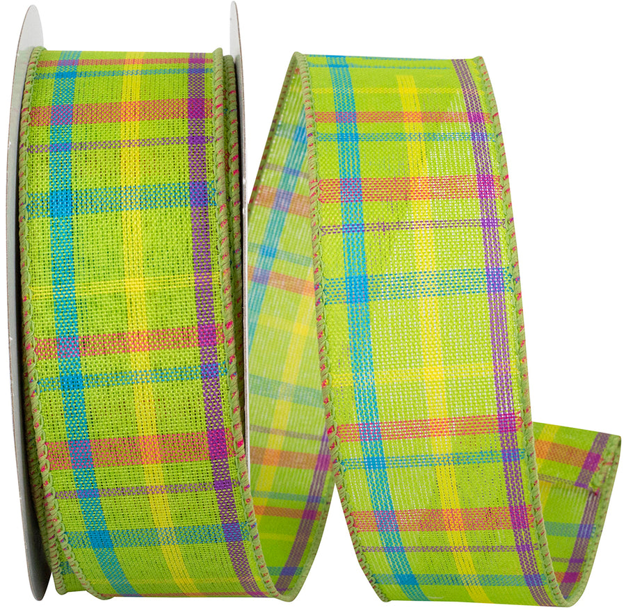 Breezeway Plaid Wired Edge Ribbon Lime 1-1/2 Inch
