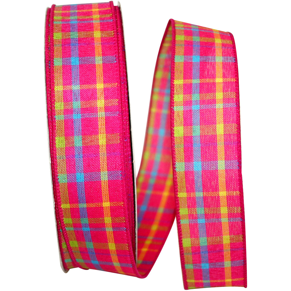 Breezeway Plaid Wired Edge Ribbon Fuchsia 1-1/2 Inch
