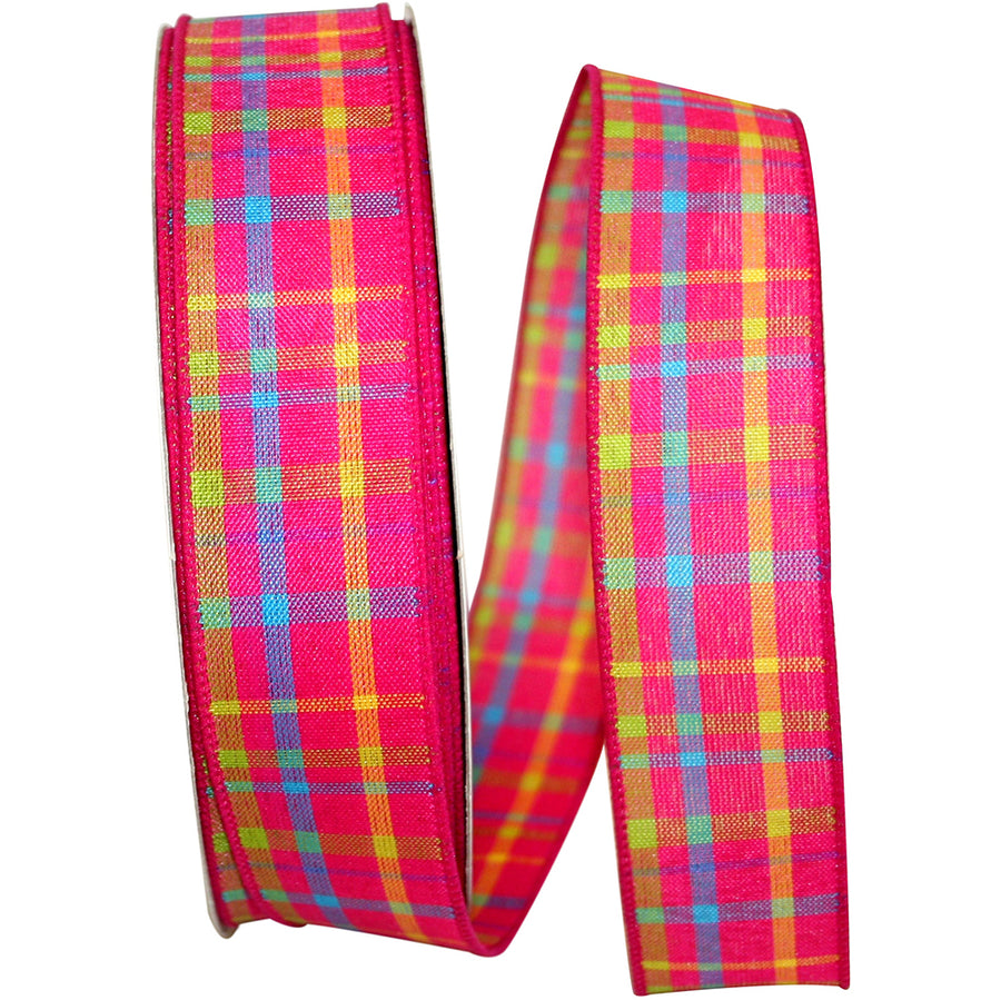 Breezeway Plaid Wired Edge Ribbon Fuchsia 1-1/2 Inch