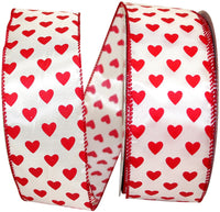 Taffeta Hearts Wired Edge Ribbon White Red 2-1/2 Inch