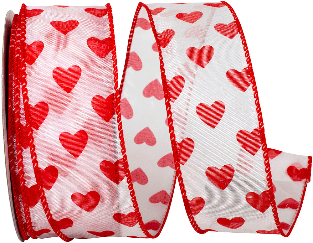 White Red 1-1 2 Inch Sheer Hearts Wired Edge Ribbon for Wreaths & Bows