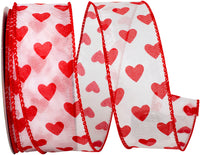 White Red 1-1 2 Inch Sheer Hearts Wired Edge Ribbon for Wreaths & Bows