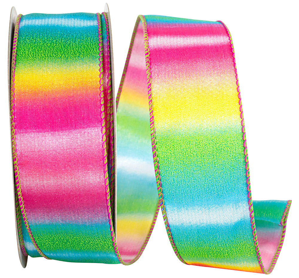 Multi 1-1 2 Inch Rainbow Railroad Stripe Wired Edge Ribbon for Wreaths & Bows
