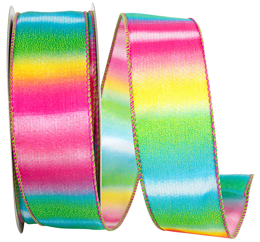 Multi 1-1 2 Inch Rainbow Railroad Stripe Wired Edge Ribbon for Wreaths & Bows