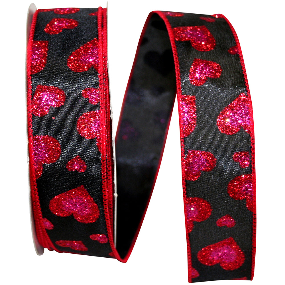 Black Satin Glitter Hearts Wired Edge Ribbon 1-1/2 Inch