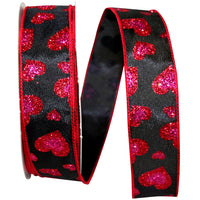 Black Satin Glitter Hearts Wired Edge Ribbon 1-1/2 Inch