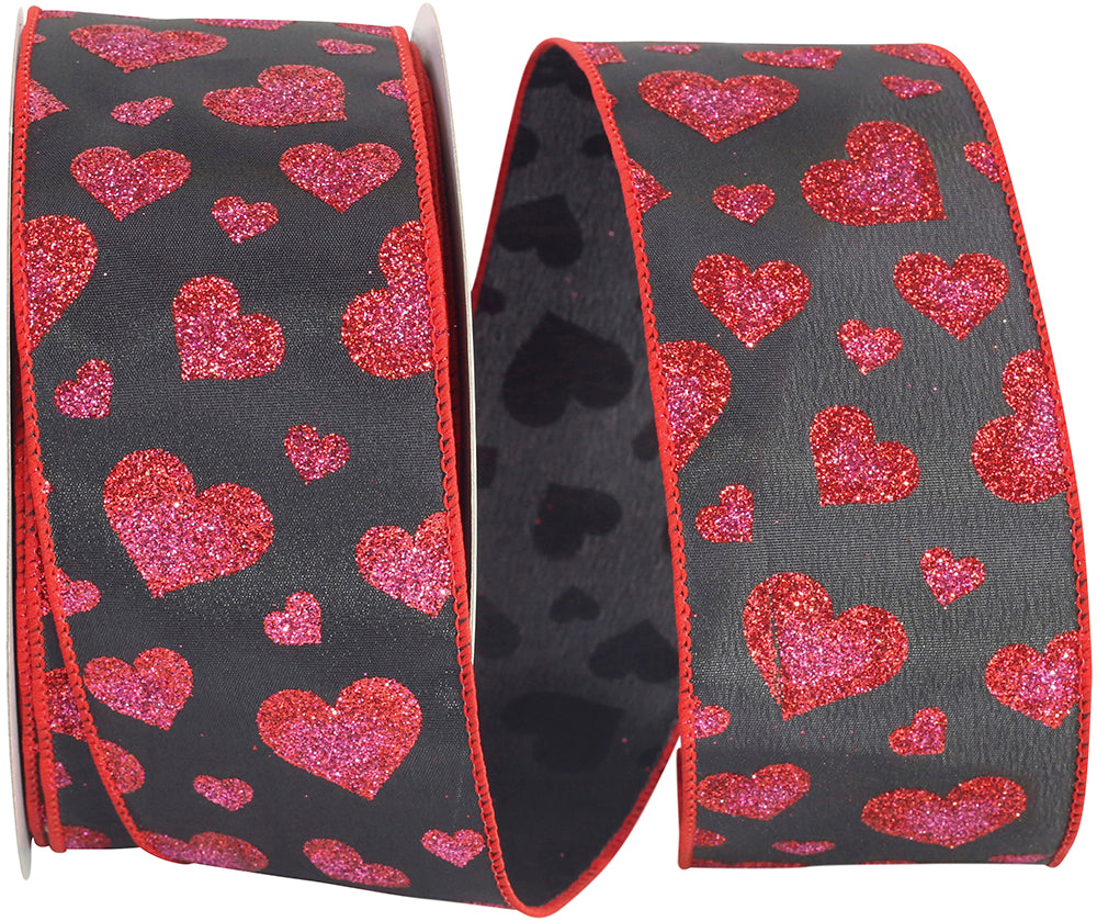 Black Satin Glitter Hearts Wired Edge Ribbon 2-1/2 Inch