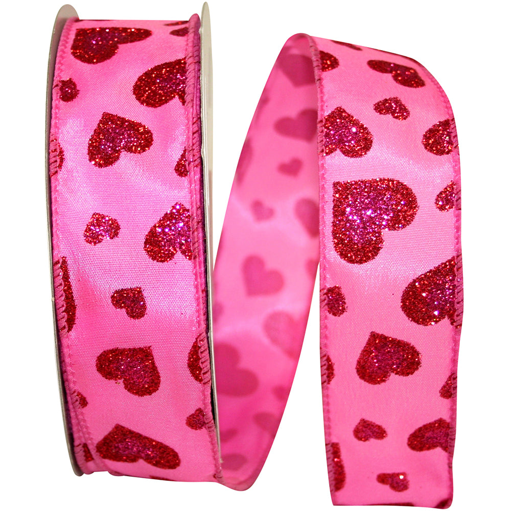 Satin Glitter Hearts Wired Edge Ribbon Shocking 1-1/2 Inch