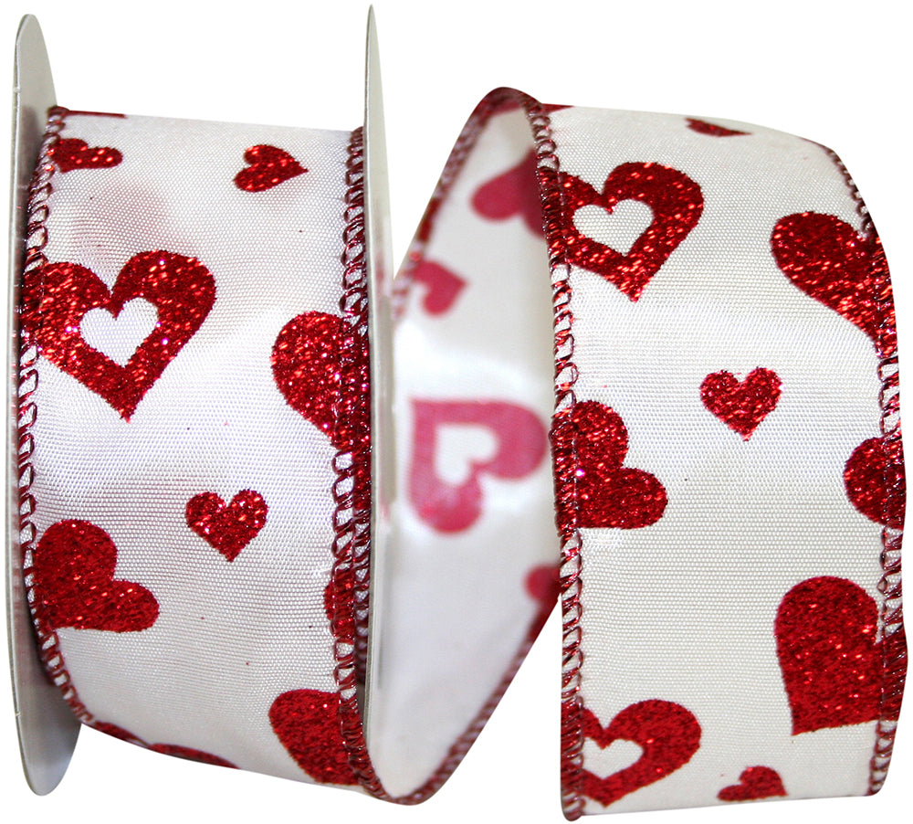 Satin Glitter Hearts Wired Edge Ribbon White 1-1/2 Inch