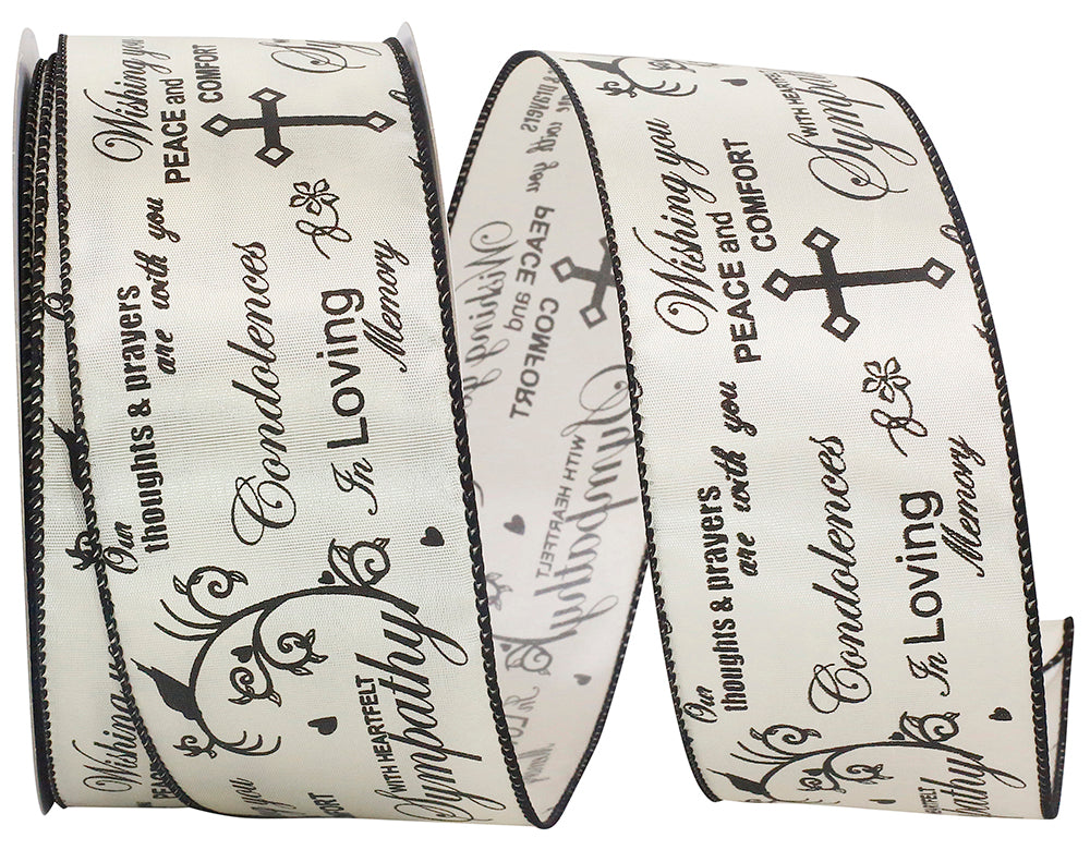 Ivory 2-1 2 Inch Words Of Sympathy Wired Edge Ribbon Rd for Wreaths & Bows