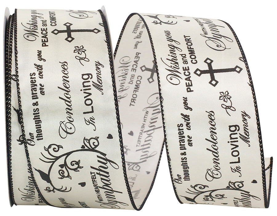Ivory 2-1 2 Inch Words Of Sympathy Wired Edge Ribbon Rd for Wreaths & Bows