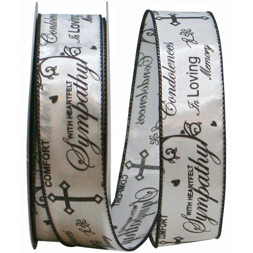 White Black 1-1 2 Inch Words Of Sympathy Wired Edge Ribbon Rd for Wreaths & Bows