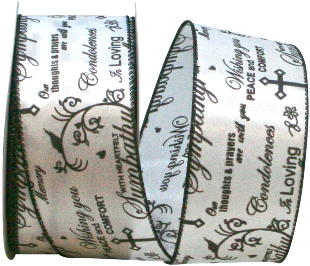 White Black 2-1 2 Inch Words Of Sympathy Wired Edge Ribbon Rd for Wreaths & Bows