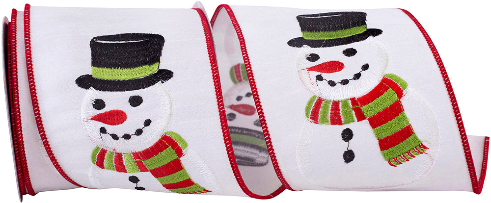 Snowman Embroidery Wired Edge Ribbon White 4 Inch