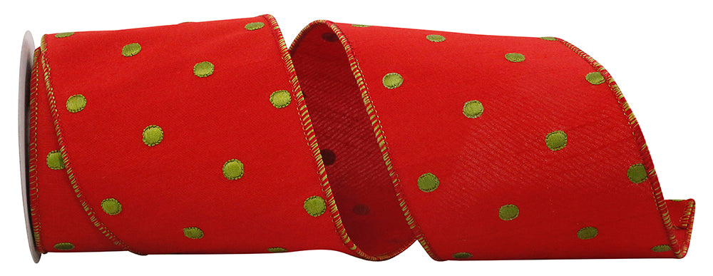 4 Inch Red Lime Dots Embroidery Wired Edge Ribbon