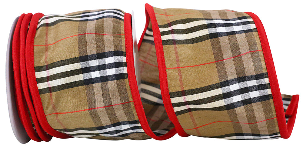 Brown Wired Edge Ribbon 4 Inch Burbank Plaid for Bows