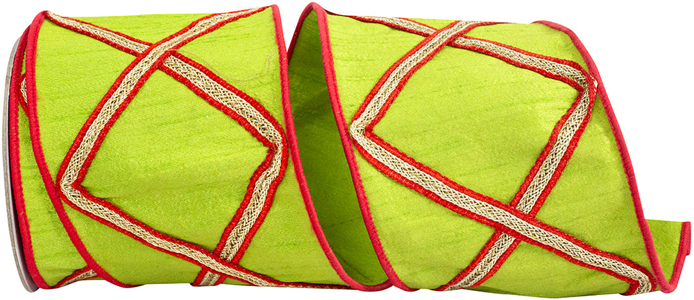 Diamond Trim Lux Wired Edge Ribbon Lime Red 4 Inch