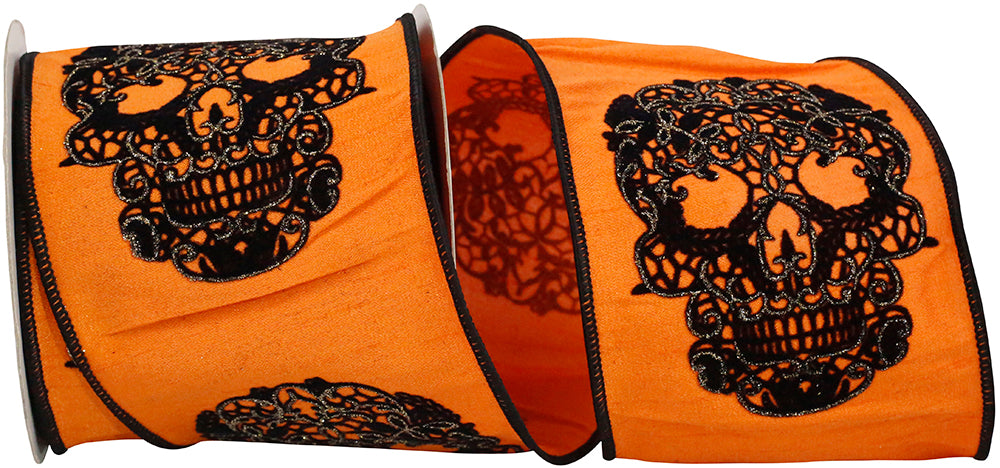 Skull Glitter Wired Edge Ribbon 4 Inch Orange 10 Yards