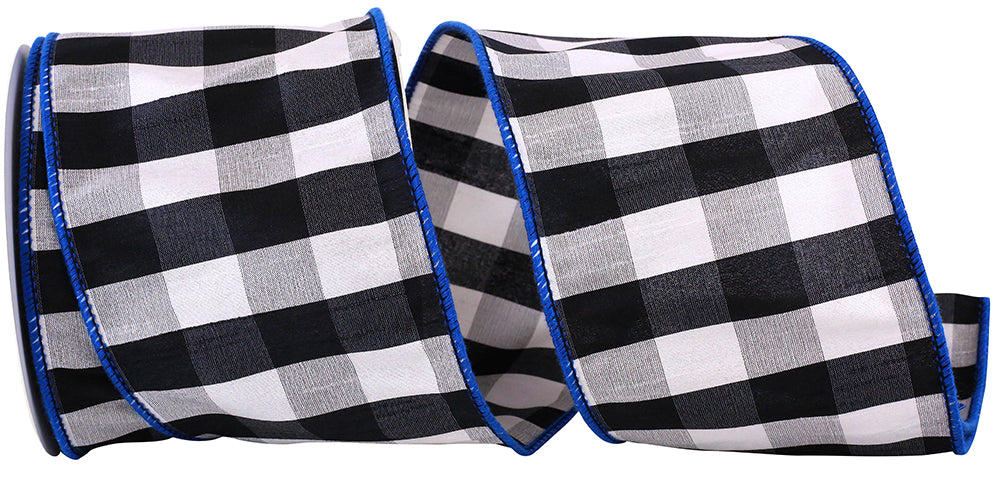 Gingham Check Wired Edge Ribbon Black Royal 4 Inch