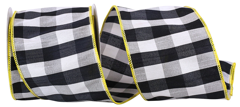 4 Inch Black Yellow Gingham Check Wired Edge Ribbon