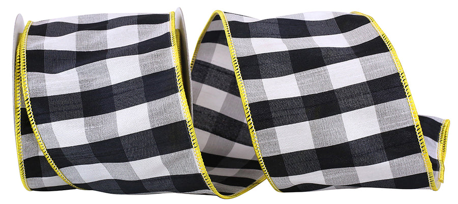 4 Inch Black Yellow Gingham Check Wired Edge Ribbon