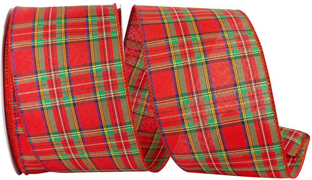 Plaid Multi Classic Wired Edge Ribbon Red 4 Inch 50 Yards